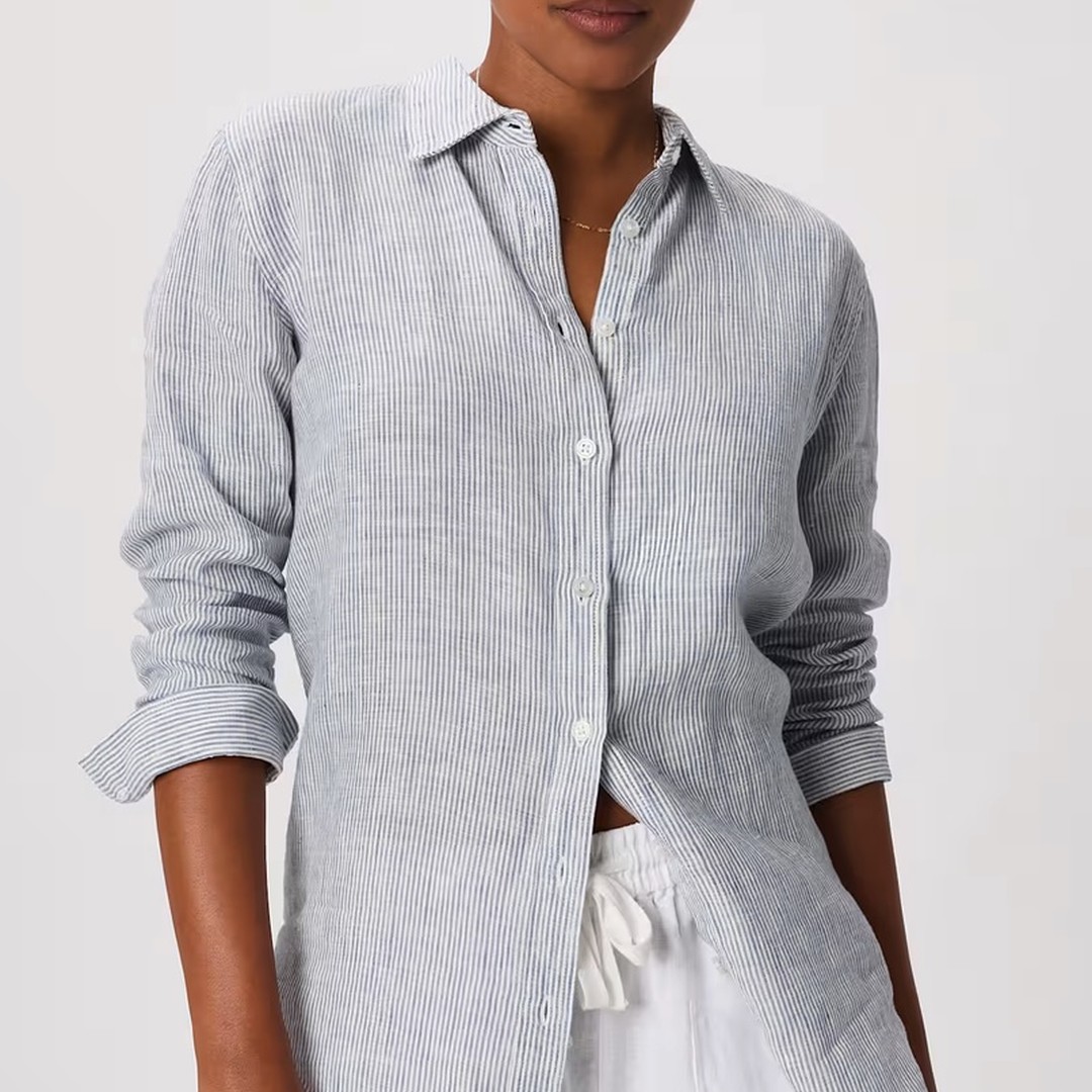 Quince 100% European Linen Shirt in Blue Pinstripe